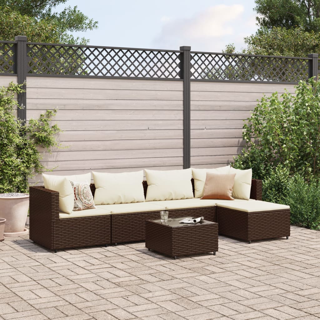 6-delige Loungeset met kussens poly rattan bruin