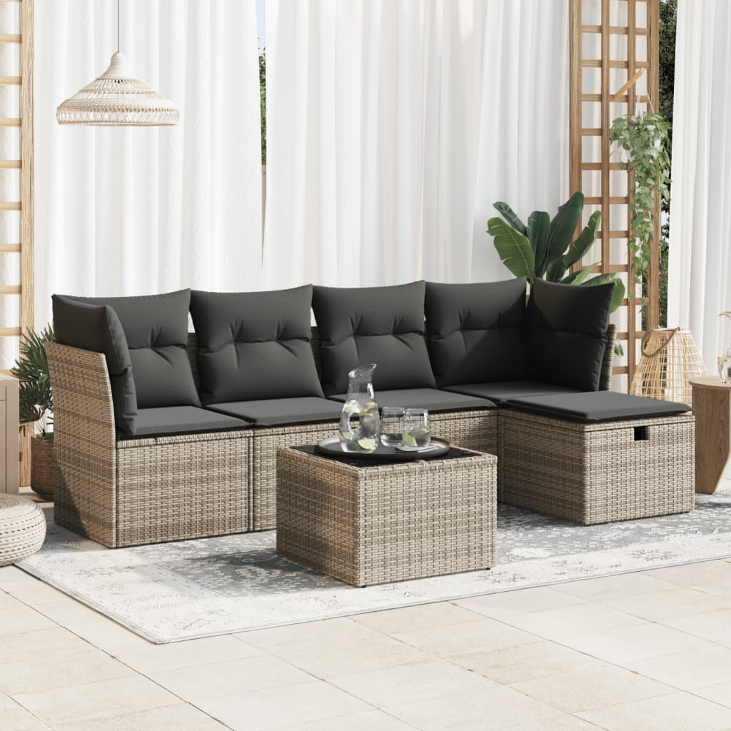 6-delige Loungeset met kussens poly rattan grijs