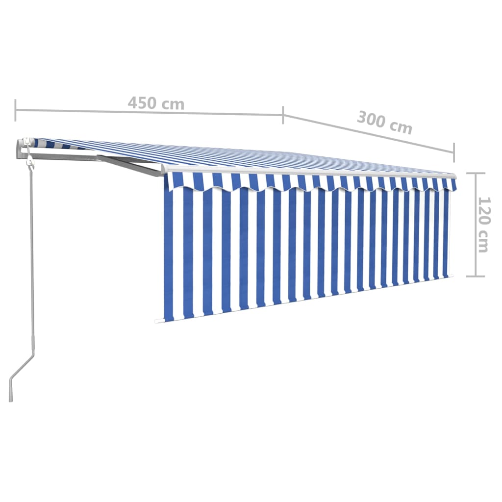 Luifel met rolgordijn, LED en windsensor 4,5x3 m blauw en wit