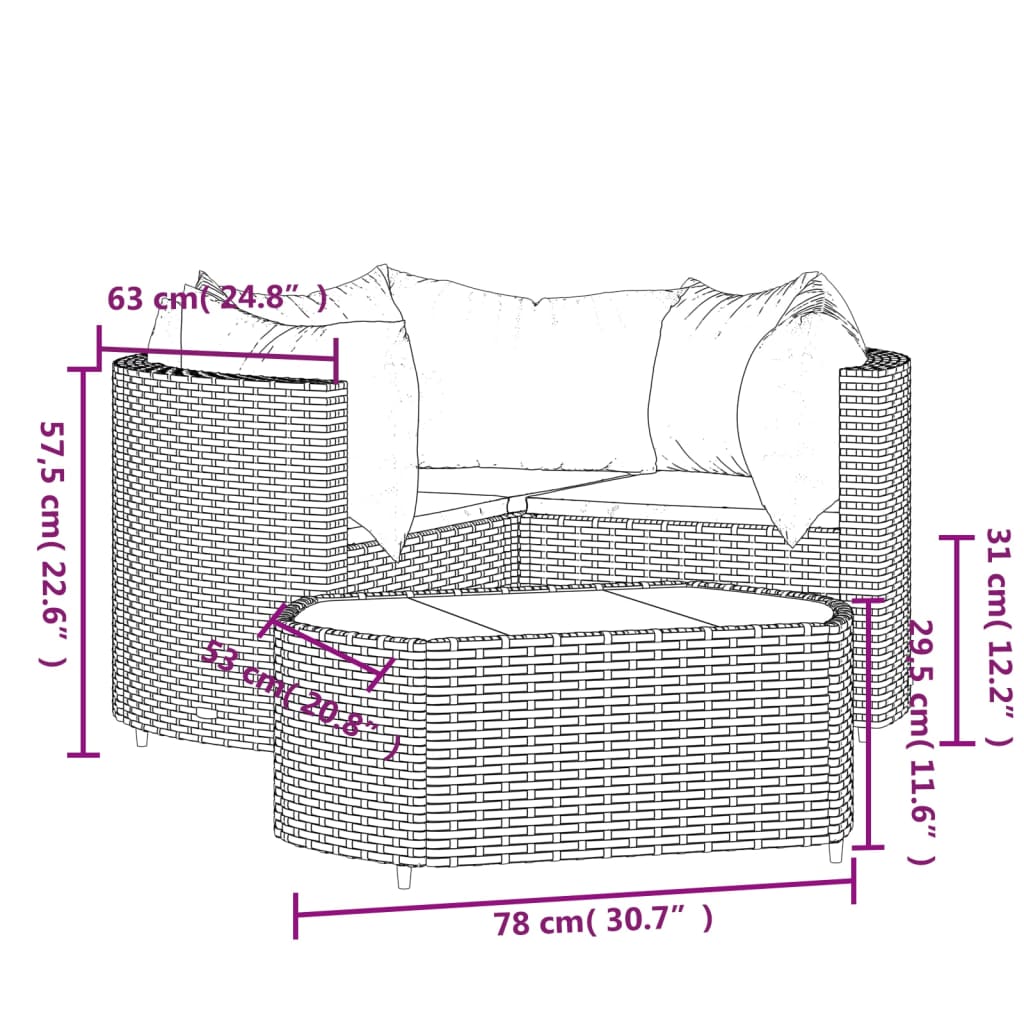 4-delige Loungeset met kussens poly rattan grijs